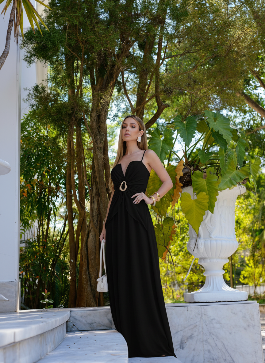 VESTIDO LONGO DECOTE V ESTRUTURADO DRAPEADO NA CINTURA COM FIVELA PRETO