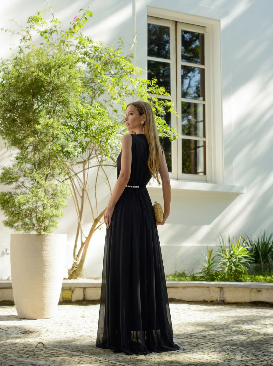 VESTIDO LONGO GOLA REDONDA COM CINTO DE PÉROLAS PRETO