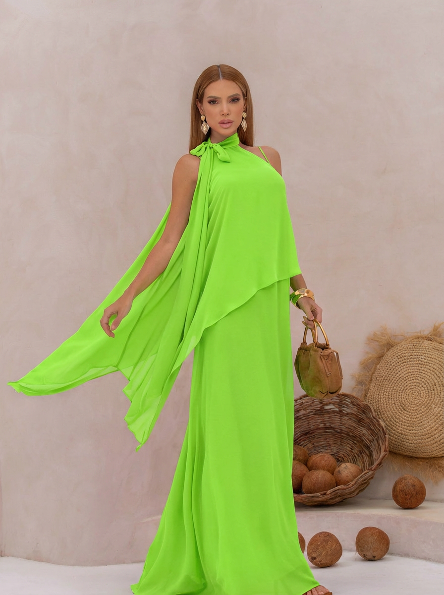 VESTIDO LONGO DECOTE RETO COM CAPA GOLA LAÇO VERDE