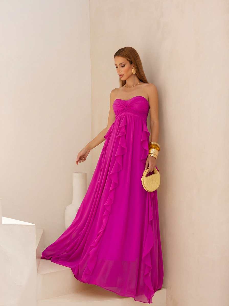 VESTIDO LONGO TOMARA QUE CAIA COM BABADOS CASCATA ROSA